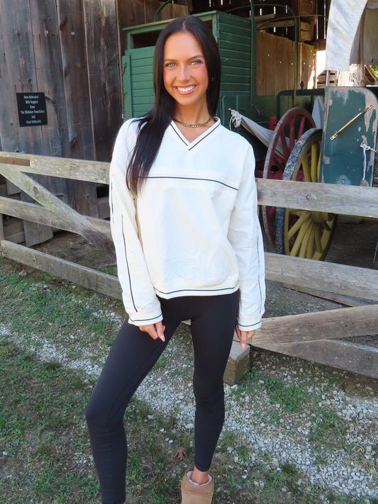 Cream Wrinkle V-Neck Pullover