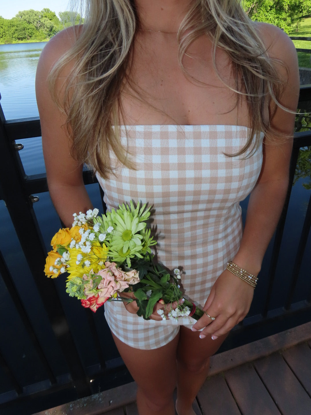 Tan Gingham Strapless Top