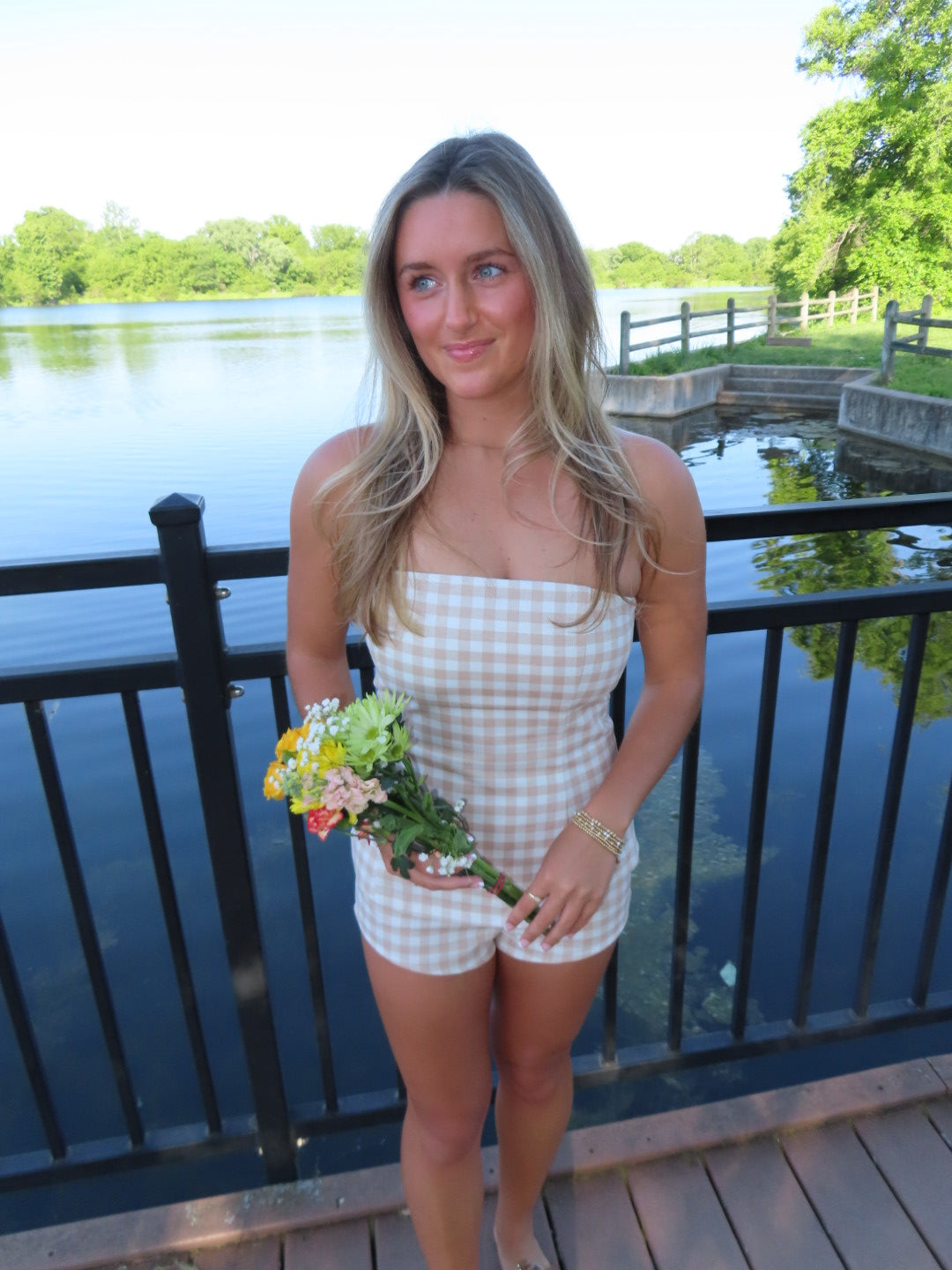 Tan Gingham Strapless Top