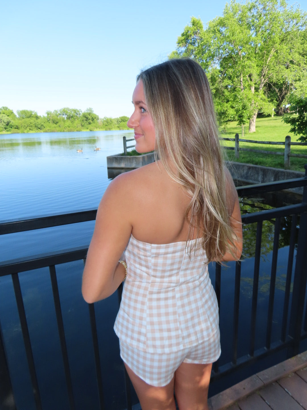 Tan Gingham Strapless Top